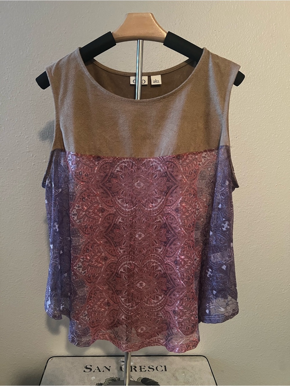 Cato Womens Sleeveless Top Size L Tan Faux Suede Pink Floral Lace Sheer